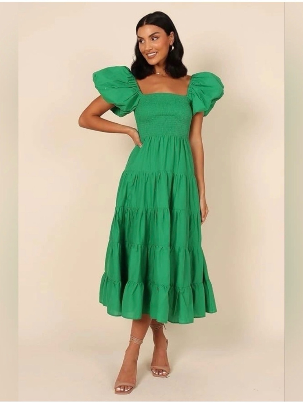 Petal + Pup Green Puff-Sleeve Smocked Tiered Lined Midi Dress L NWT